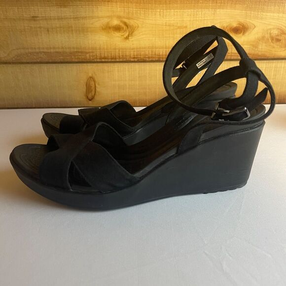 Crocs Leigh II Black Wedge Strappy Adjustable Slip On‎ Sandals Heels Womens 11 - Picture 3 of 7